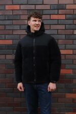 Мужская Зимняя Черная Куртка Барашек с Капюшоном и Фиксаторами