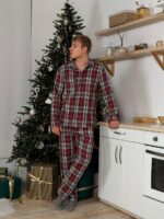 Мужская Бордовая Клетчатая Пижама Двойка Хлопок