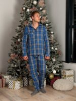 Мужская Синяя Клетчатая Пижама Двойка Хлопок