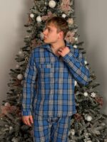 Мужская Синяя Клетчатая Пижама Двойка Хлопок