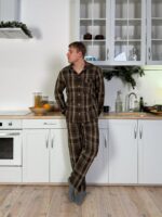 Мужская Коричневая Клетчатая Пижама Двойка Хлопок