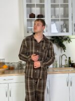 Мужская Коричневая Клетчатая Пижама Двойка Хлопок