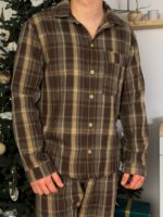 Мужская Коричневая Клетчатая Пижама Двойка Хлопок