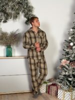 Мужская Бежевая Клетчатая Пижама Двойка Хлопок