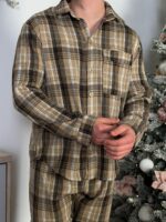 Мужская Бежевая Клетчатая Пижама Двойка Хлопок