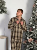 Мужская Бежевая Клетчатая Пижама Двойка Хлопок