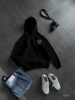 Мужское Утепленное Черное Худи на Флисе - Свободного Кроя с Вышивкой на Спине