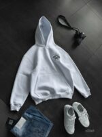 Мужское Утепленное Белое Худи на Флисе - Свободного Кроя с Вышивкой на Спине