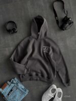 Мужское Утепленное Темно-Серое Худи на Флисе - Свободного Кроя с Вышивкой на Спине