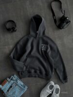 Мужское Утепленное Графитовое Худи на Флисе - Свободного Кроя с Вышивкой на Спине