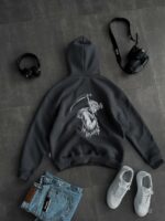 Мужское Утепленное Графитовое Худи на Флисе - Свободного Кроя с Вышивкой на Спине