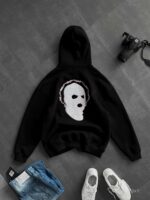 Мужское Черное Худи Утепленное на Флисе - Оверсайз с Вышивкой на Спине