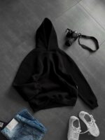 Мужское Черное Худи Утепленное на Флисе - Оверсайз с Вышивкой на Спине