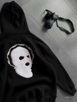 Мужское Черное Худи Утепленное на Флисе - Оверсайз с Вышивкой на Спине