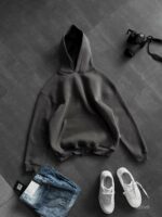 Мужское Темно-Серое Худи Утепленное на Флисе - Оверсайз с Вышивкой на Спине