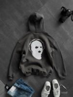 Мужское Темно-Серое Худи Утепленное на Флисе - Оверсайз с Вышивкой на Спине