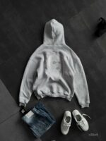 Мужское Худи Серое Меланж Утепленное на Флисе - Оверсайз с Вышивкой на Спине