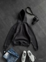 Мужское Графитовое Худи Утепленное на Флисе - Оверсайз с Вышивкой на Спине