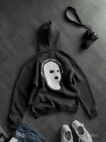 Мужское Графитовое Худи Утепленное на Флисе - Оверсайз с Вышивкой на Спине