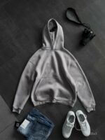 Мужское Серое Худи Утепленное на Флисе - Оверсайз с Вышивкой на Спине