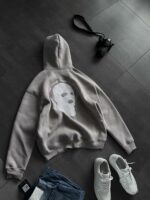 Мужское Серое Худи Утепленное на Флисе - Оверсайз с Вышивкой на Спине