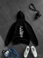 Мужское Теплое Черное Худи Оверсайз на Флисе с Вышивкой