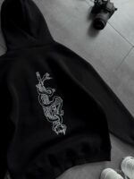 Мужское Теплое Черное Худи Оверсайз на Флисе с Вышивкой