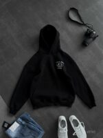 Мужское Теплое Черное Худи Оверсайз на Флисе с Вышивкой