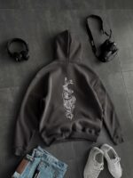 Мужское Теплое Темно-Серое Худи Оверсайз на Флисе с Вышивкой