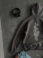 Мужское Теплое Темно-Серое Худи Оверсайз на Флисе с Вышивкой