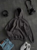 Мужское Теплое Темно-Серое Худи Оверсайз на Флисе с Вышивкой