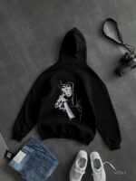 Мужское Черное Худи на Флисе с Вышивкой - Утепленное Свободного Кроя