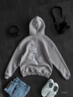 Мужское Серое Худи на Флисе с Вышивкой - Утепленное Свободного Кроя