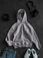 Мужское Серое Худи на Флисе с Вышивкой - Утепленное Свободного Кроя