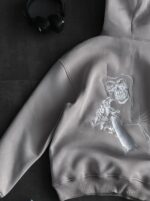 Мужское Серое Худи на Флисе с Вышивкой - Утепленное Свободного Кроя