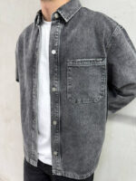 Мужская Базовая Темно-Серая Джинсовка Свободного Кроя - Джинсовая Рубашка Оверсайз на Кнопках