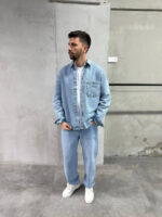 Мужская Базовая Голубая Джинсовка Свободного Кроя - Джинсовая Рубашка Оверсайз на Кнопках