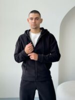 Мужская Теплая Черная Зип Кофта - Флисовое Худи на Молнии с Капюшоном