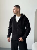 Мужская Теплая Черная Зип Кофта - Флисовое Худи на Молнии с Капюшоном