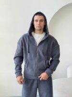 Мужская Теплая Темно-Серая Зип Кофта - Флисовое Худи на Молнии с Капюшоном