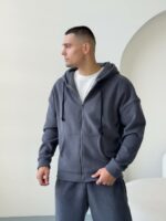 Мужская Теплая Темно-Серая Зип Кофта - Флисовое Худи на Молнии с Капюшоном