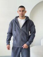Мужская Теплая Темно-Серая Зип Кофта - Флисовое Худи на Молнии с Капюшоном