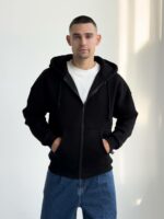 Мужская Теплая Черная Кофта Зипка на Флисе - Худи Свободного Кроя на Молнии