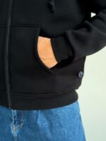 Мужская Теплая Черная Кофта Зипка на Флисе - Худи Свободного Кроя на Молнии