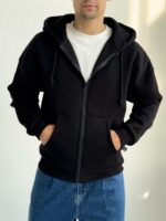 Мужская Теплая Черная Кофта Зипка на Флисе - Худи Свободного Кроя на Молнии