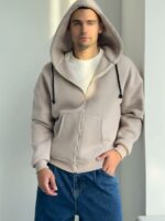 Мужская Теплая Бежевая Кофта Зипка на Флисе - Худи Свободного Кроя на Молнии