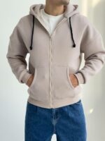 Мужская Теплая Бежевая Кофта Зипка на Флисе - Худи Свободного Кроя на Молнии
