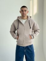 Мужская Теплая Бежевая Кофта Зипка на Флисе - Худи Свободного Кроя на Молнии
