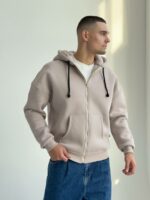 Мужская Теплая Бежевая Кофта Зипка на Флисе - Худи Свободного Кроя на Молнии