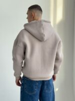 Мужская Теплая Бежевая Кофта Зипка на Флисе - Худи Свободного Кроя на Молнии
